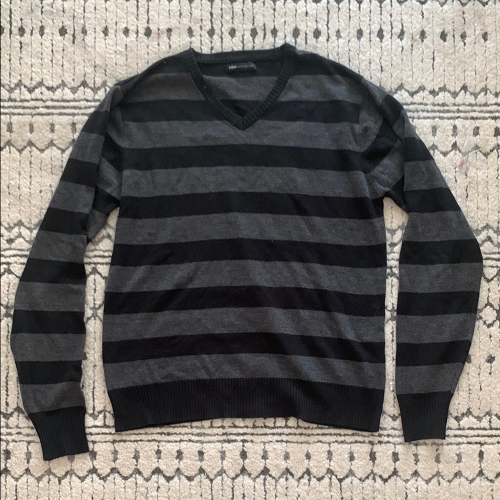 Striped V-Neck Sweater - Black and Gray
